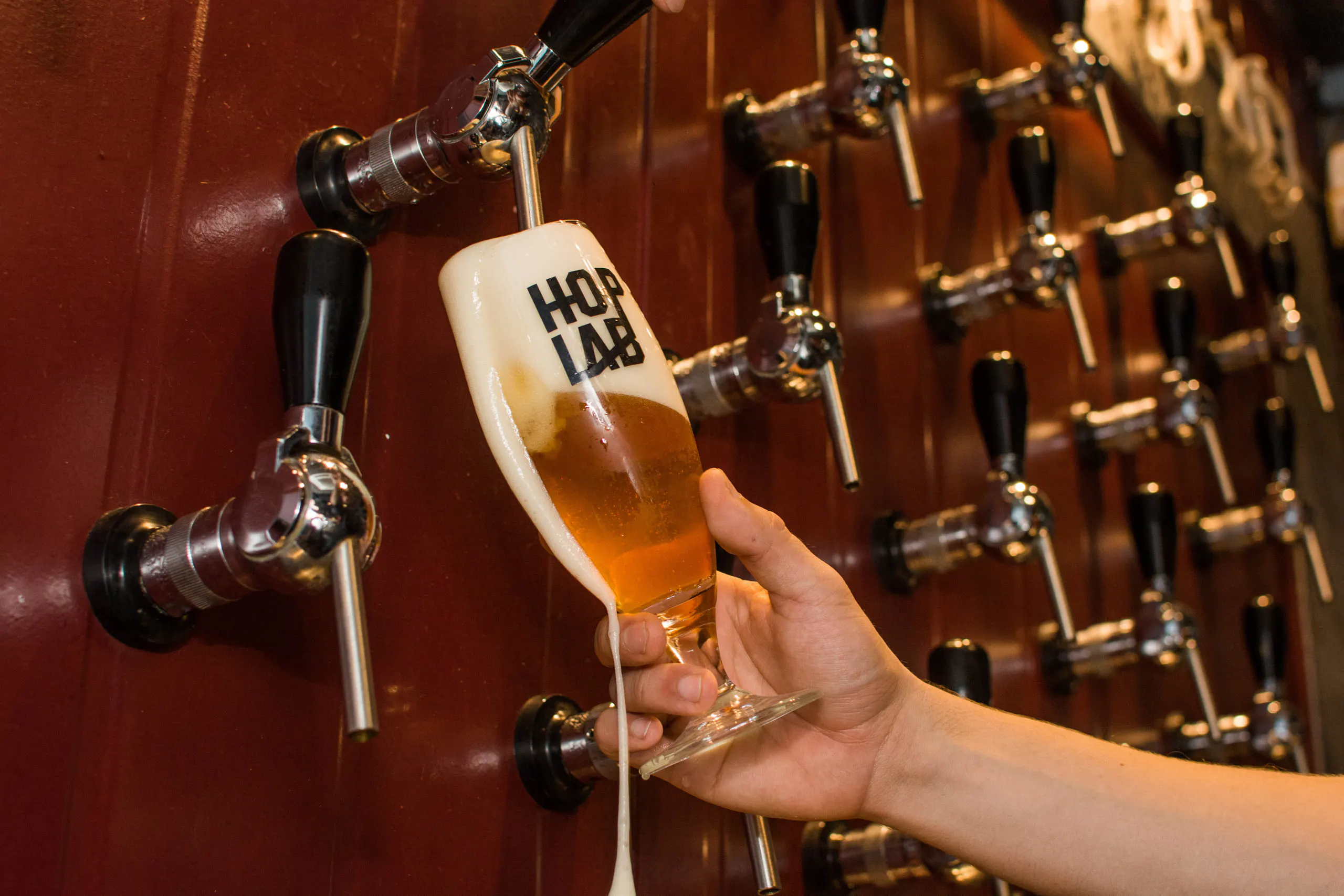 Mano sosteniendo una copa de chope con la marca Hop Lab delante de una pared de grifos de chope