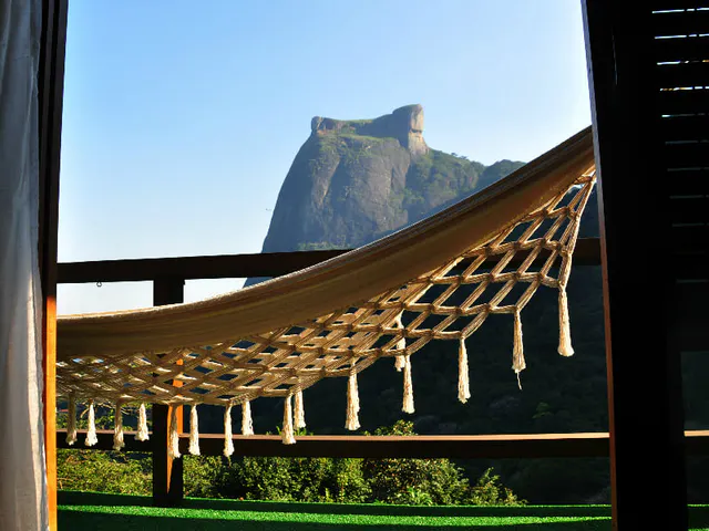 Netzwerk von weißen Streifen auf einem Balkon mit Blick auf Pedra da Gávea und Vegetation am Boden