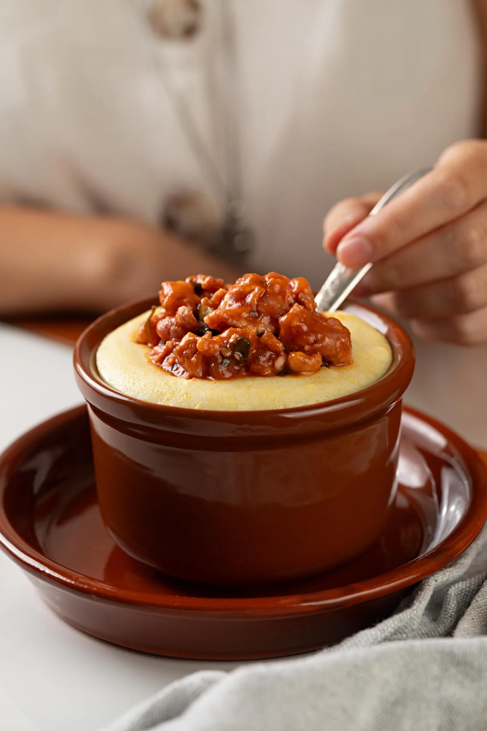 Creamy pole with ham sausage ragu.