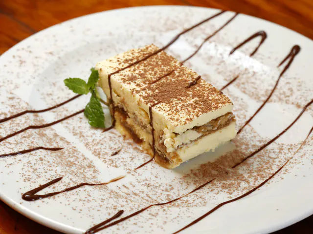 Tyramisù Fatia avec poudre de cacao et fil de chocolat en assiette blanche, décoré de feuilles de menthe