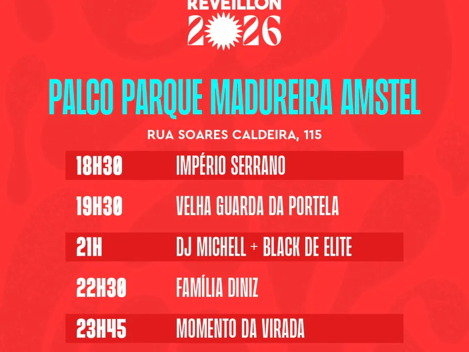 Rotes Poster zum Programm Réveillon 2026 auf der Parkbühne Madureira Amstel mit Sehenswürdigkeiten